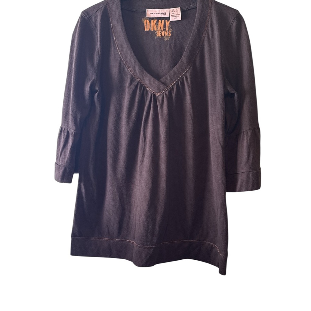 DKNY Top Womens Dark Brown Sz SP VNeck 3/4 Sleeve Comfy